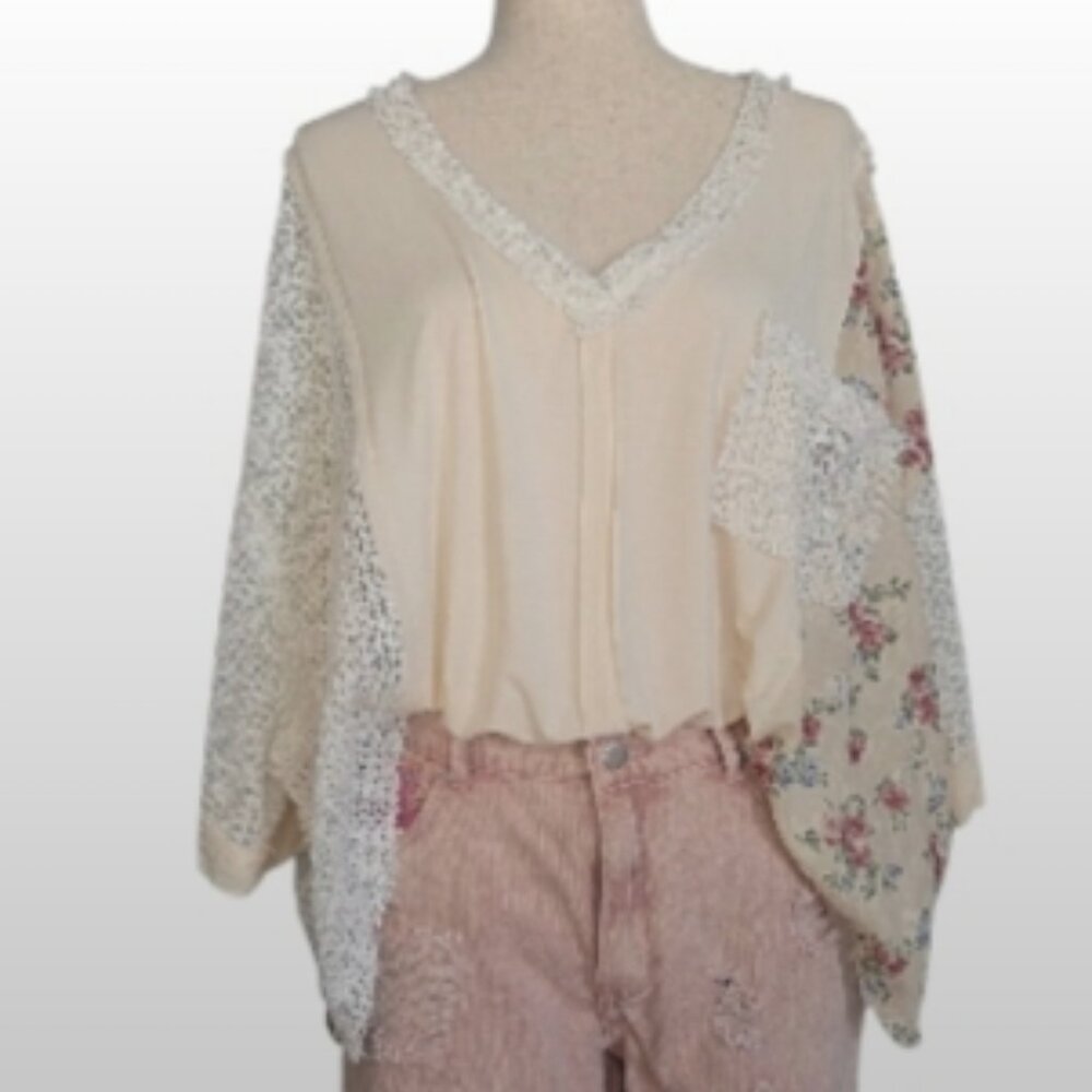 POL Cream Lace Floral Patchwork Tunic M | Oversized V Neck Boho Short Sleeve Top